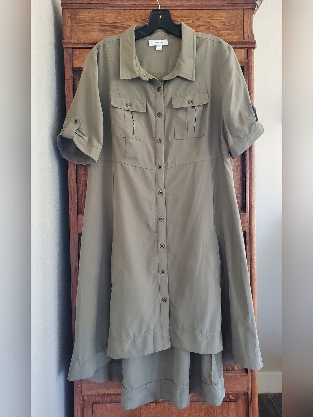 5 TWELVE HIGH LOW MILITARY SHIRT DRESS OLIVE GREEN LARGE